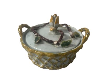 Butter dish with two handles in multicolored faience, 19th century.