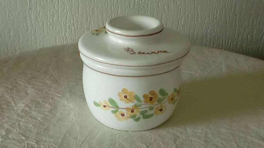BEURRIER A EAU EN FAIENCE DECOR FLORAL ITALIE VINTAGE*