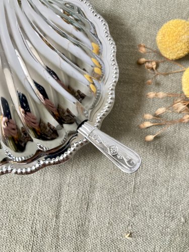 Beurrier coquillage en métal avec coupelle en verre et couteau, vers 1950-1960