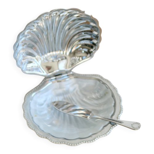 Beurrier vintage coquillage en métal argenté et verre avec couteau - Style