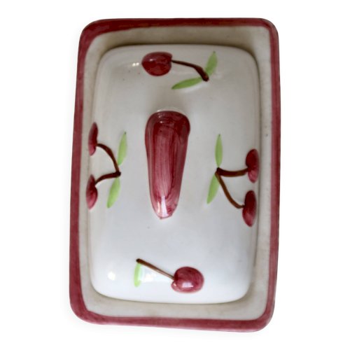 Beurrier vintage en barbotine et faïence - Motif cerise