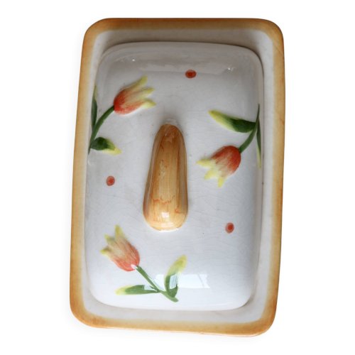Beurrier vintage en faïence et barbotine tulipes
