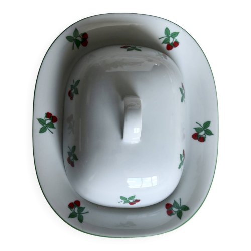 Beurrier vintage en porcelaine blanche motif framboises