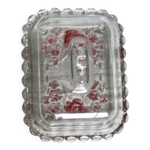 Beurrier vintage en verre moulé transparent à décor de roses roses