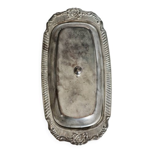 Beurrier vintage métal argenté style rocaille - Compartiment verre - Coutea