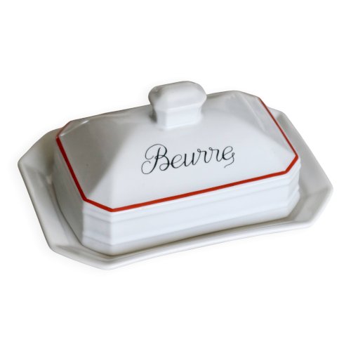 Beurrier vintage porcelaine blanche “Beurre” liseré rouge bistrot