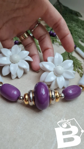 Bijoux seventies - Collier et boucles d oreilles oversize vintage violet et blanc