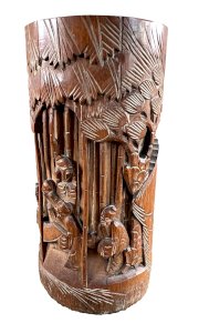 Chinese carved bamboo bitong – Scholars under the pines – Signed Wang – 19th century