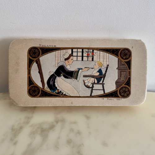 Boite 19 avril 1927 pour Flament Confiseur Orléans Solange et un bébé M3774