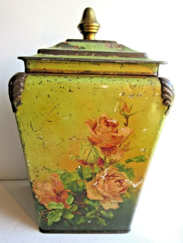 Boite 1900 de magasin en tôle lithographiée de roses sur fond vert, H= 30 cm
