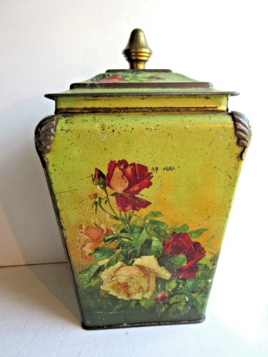 Boite 1900 de magasin en tôle lithographiée de roses sur fond vert, H= 30 cm