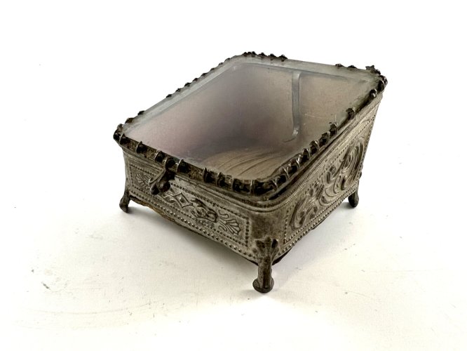 Boîte à bijoux ancienne verre XIXe – boîte montre – laiton et velours