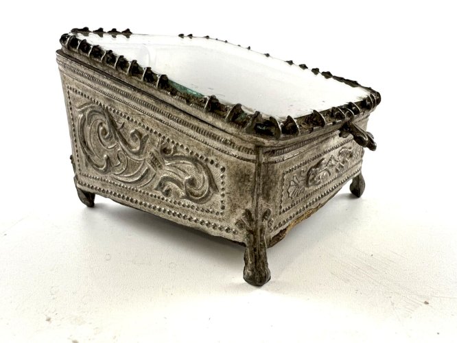 Boîte à bijoux ancienne verre XIXe – boîte montre – laiton et velours