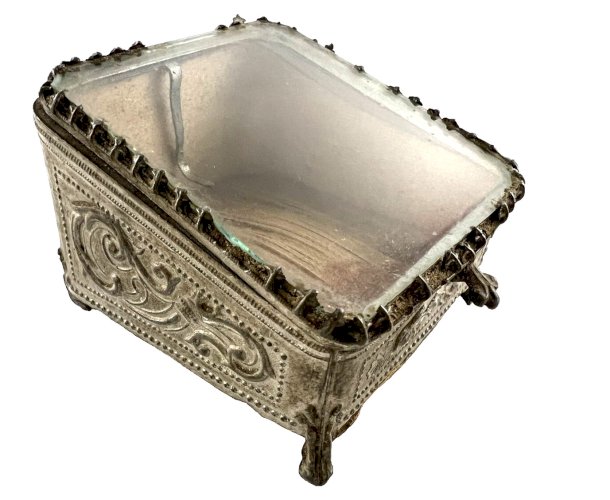 Boîte à bijoux ancienne verre XIXe – boîte montre – laiton et velours