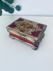 Boîte à bijoux en bois florentine vintage crème et rouge Italie 14,5cm