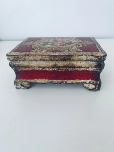 Boîte à bijoux en bois florentine vintage crème et rouge Italie 14,5cm