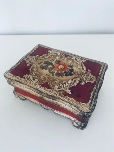 Boîte à bijoux en bois florentine vintage crème et rouge Italie 14,5cm