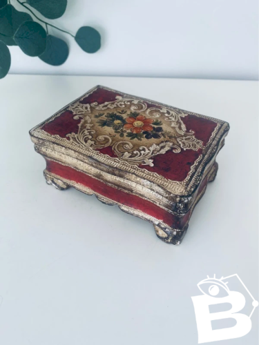 Boîte à bijoux en bois florentine vintage crème et rouge Italie 14,5cm