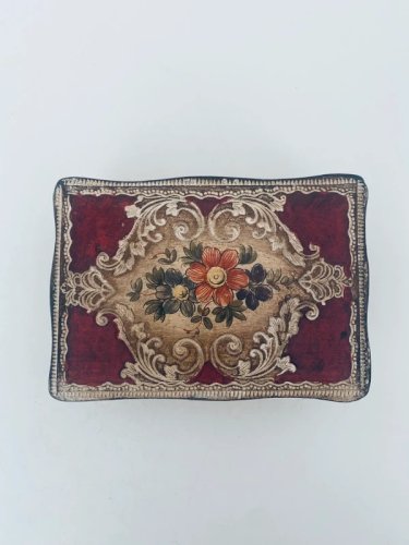 Boîte à bijoux en bois florentine vintage crème et rouge Italie 14,5cm