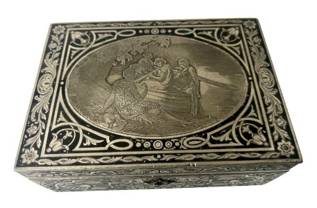 Jewelry box in marquetry with engraved metal depicting a lively scene from the 20th century.