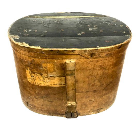 Boîte à chapeau ancienne – bois XIXe – étiquette chemin de fer – publicité
