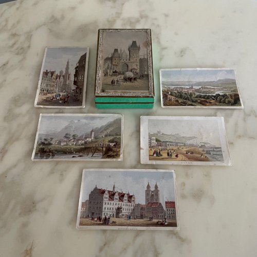 Boite à cubes lithographiés puzzles représentant Pragues XIXe en 6 vues M3763