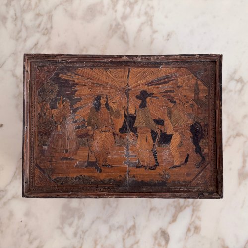 Boite à ouvrage coffret en marqueterie de paille décor de Bretons XIXe M3682