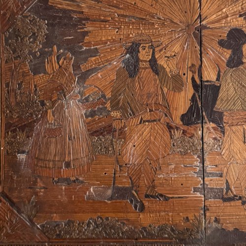 Boite à ouvrage coffret en marqueterie de paille décor de Bretons XIXe M3682