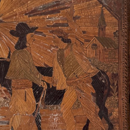 Boite à ouvrage coffret en marqueterie de paille décor de Bretons XIXe M3682