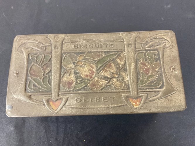 Boîte biscuits OLIBET tôle lithographiée gaufrée ,Exposition Universelle 1900