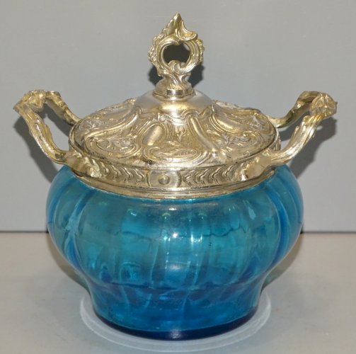 -BOITE BONBONNIERE VERRE BLEU COUVERCLE REGULE Argenté COLLECTION DECO VITRINE D