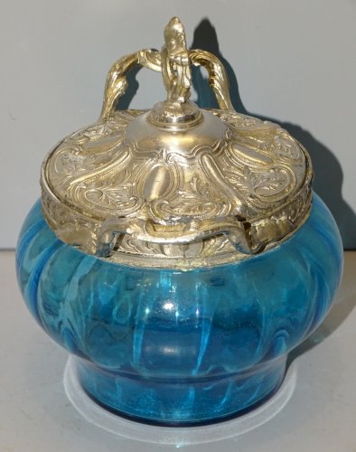 -BOITE BONBONNIERE VERRE BLEU COUVERCLE REGULE Argenté COLLECTION DECO VITRINE D