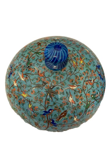 boite chinoise en carton bouilli vintage décor peint fleurs et d'oiseaux coloré