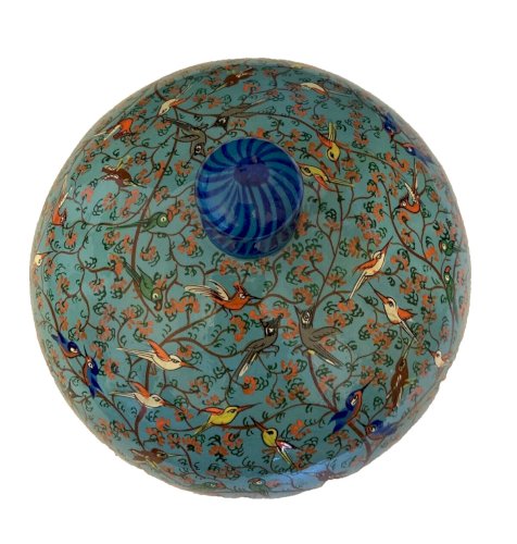 boite chinoise en carton bouilli vintage décor peint fleurs et d'oiseaux coloré