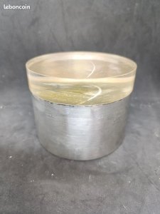 modernist circular box in silvered metal and plastic lid in the style of Gabriella Crespi