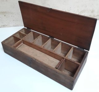 boite coffret bois ancien 46,2x19,3cm compartimentée pêche rangement ref618