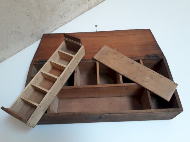 boite coffret bois ancien 46,2x19,3cm compartimentée pêche rangement ref618