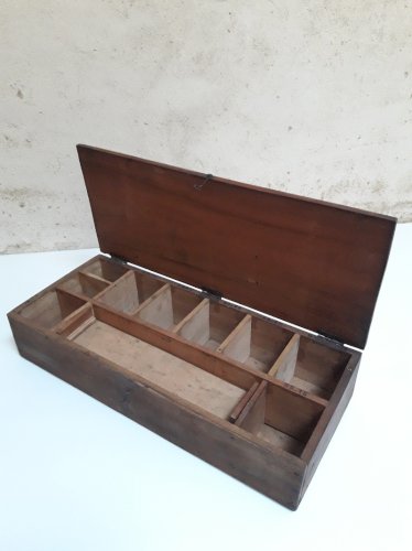 boite coffret bois ancien 46,2x19,3cm compartimentée pêche rangement ref618
