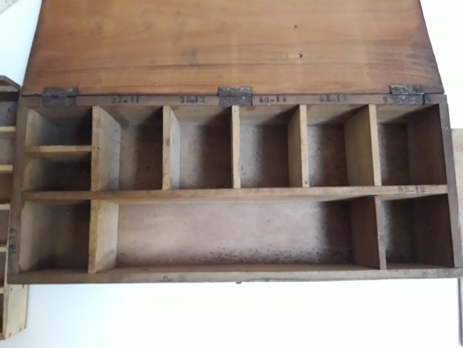 boite coffret bois ancien 46,2x19,3cm compartimentée pêche rangement ref618