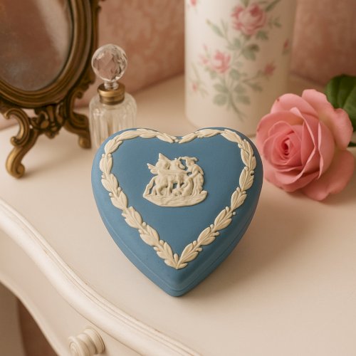 Boîte cœur Wedgwood Jasperware bleu – Porcelaine anglaise – Bas-relief blanc