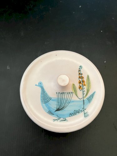 boite pot couvert en Céramique Yvon Roy Décor Oiseau Stylisé  Vintage 1970