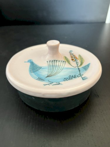 boite pot couvert en Céramique Yvon Roy Décor Oiseau Stylisé  Vintage 1970