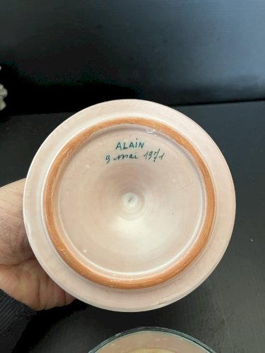 boite pot couvert en Céramique Yvon Roy Décor Oiseau Stylisé  Vintage 1970