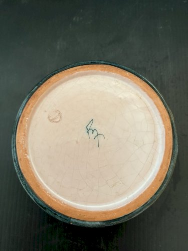 boite pot couvert en Céramique Yvon Roy Décor Oiseau Stylisé  Vintage 1970