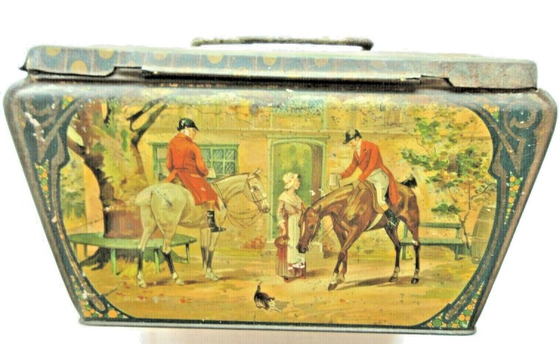 Boite publicitaire 1900 Art Nouveau, tôle lithographiée au décor de chevaux