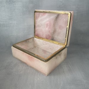 Vintage rectangular box in pink onyx jewelry or other cabinet.
