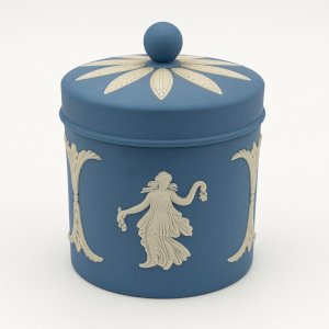 Boîte ronde Wedgwood Jasperware bleu – Nymphes en relief – Porcelaine anglaise