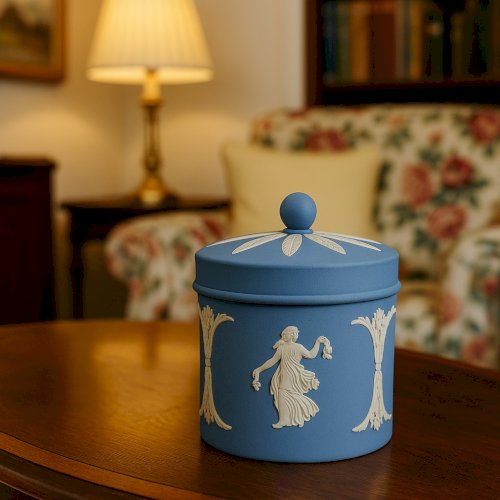 Boîte ronde Wedgwood Jasperware bleu – Nymphes en relief – Porcelaine anglaise