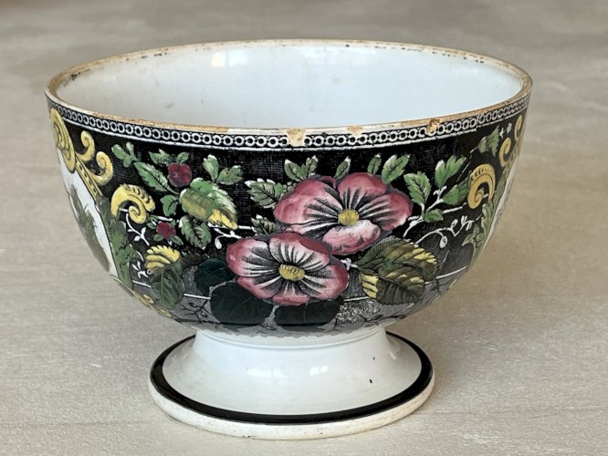 Bol à Café au Lait Ancien, Creil et Montereau, Grand Bol Fleurs, Chasseur et Chien, Diamètre 16 cm, Vintage Français