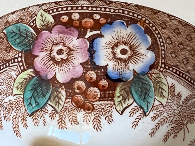 Bol à café au lait antique Boch Frères, motif floral, marron, diamètre 8,9 cm, style Europa Vintage, Belgique